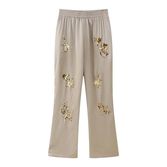 Women's spring new elastic high-waisted sequined straight-leg casual pants